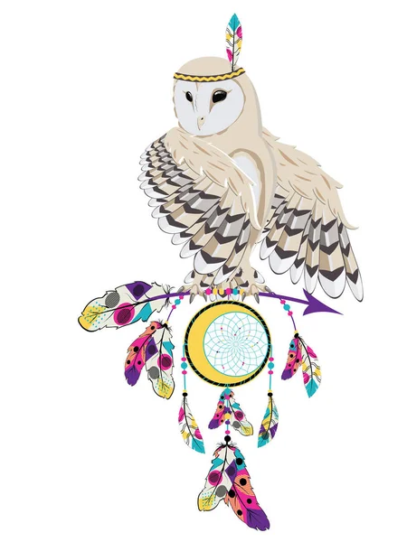 Cartoon Owl Decorative Dream Catcher Illustration — Stock Vector