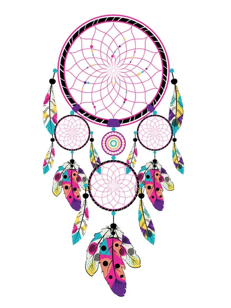 Decorative Native Dream Catcher Colorful Stylized Feathers — Stock Vector