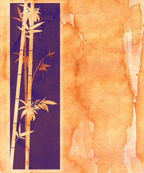 Abstract bamboo branches with leaves grunge illustration, paper texture.
