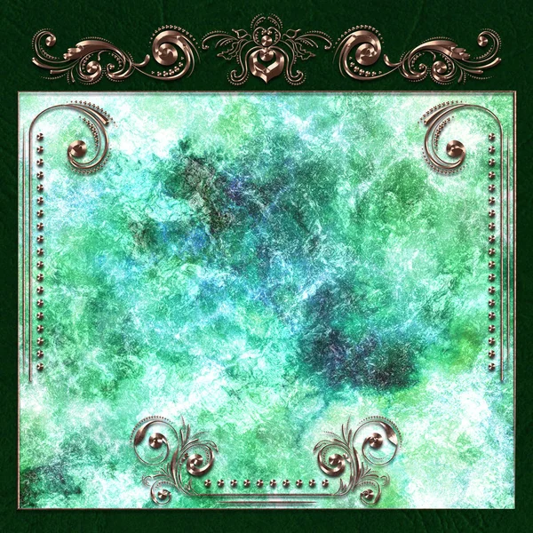 Luxury golden floral frame with decorative green stone texture, vintage background.