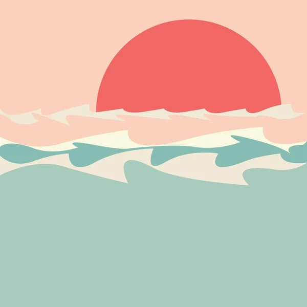 Silhouette of sun and sea waves, sunset retro style illustration.