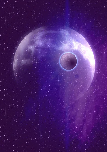 Alien purple planet and blue nebula clouds, starry outer space background.