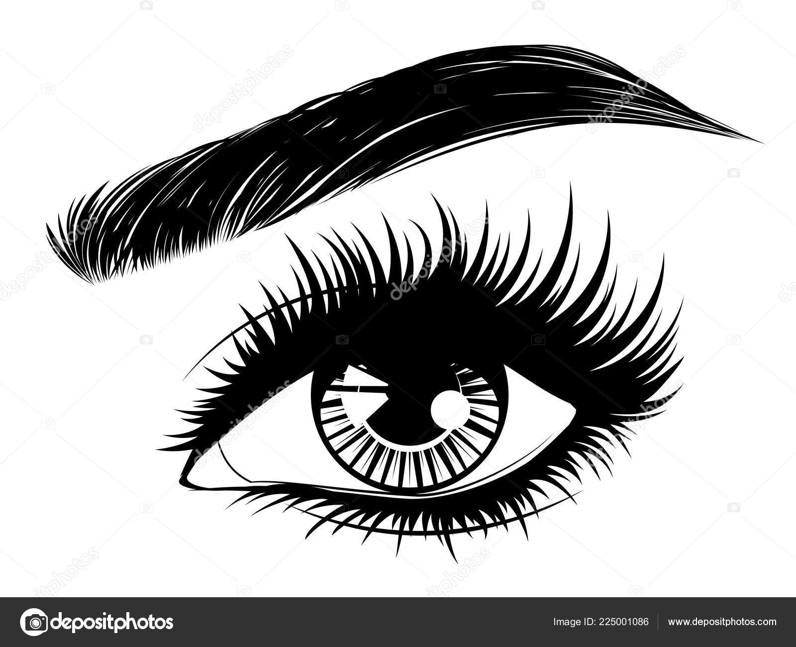Female Eye Long Black Eyelashes Thick Brows White Background — Stock