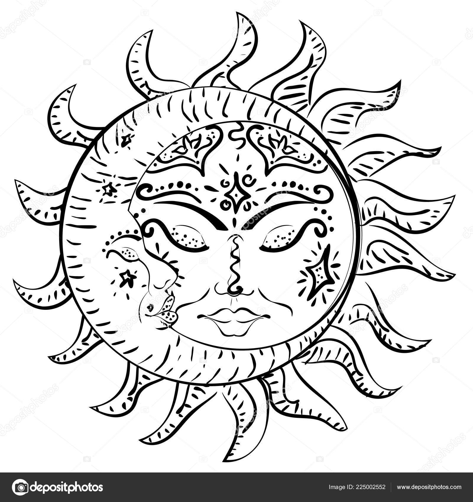 Modern Tattoo Sleeping Sun Crescent Moon Design Stock Vector Image By C Artshock