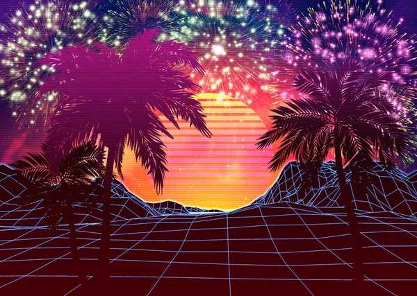 Neon glowing grid rocks and palm trees, futuristic landscape design, 3d illustration.