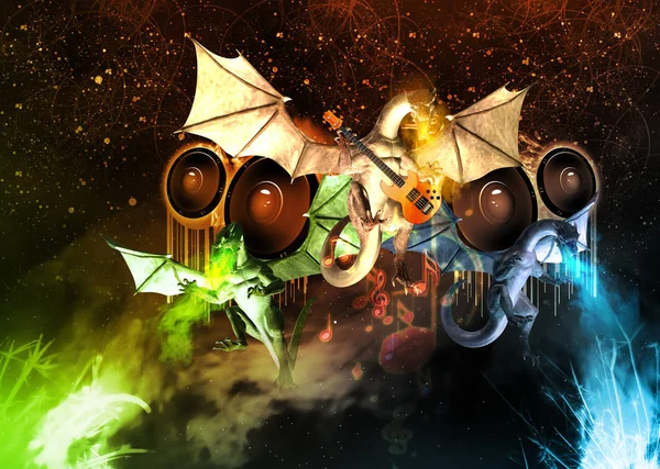 Three dragons with music notes, sound speakers and guitar. 3d illustration