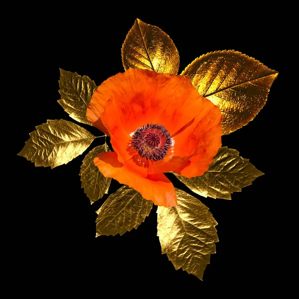 Abstract decorative yellow gold leaves and poppy flower on black background.