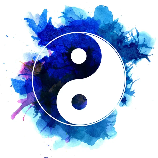 Digital illustration of yin yang sign made with blue watercolor splatters.