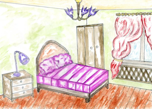 Hand drawn illustration of bedroom interior design, colored sketch background.