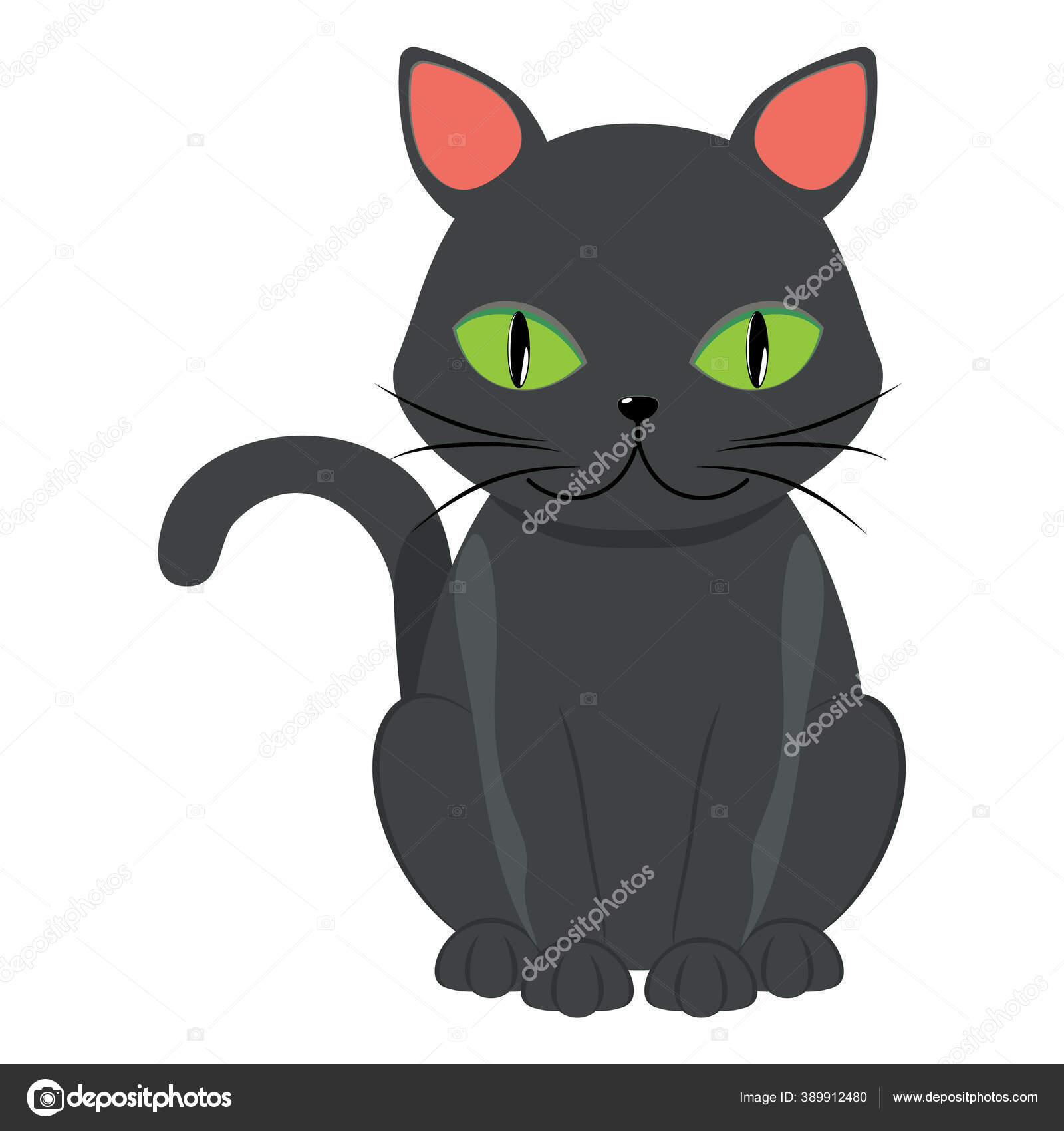 Kucing Hitam Kartun Lucu Dengan Mata Hijau Besar Atas Latar Stok Vektor C Artshock 389912480