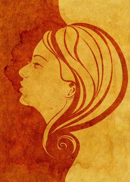 Woman face in profile with long hair style with grunge paper texture illustration.