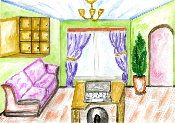 Hand drawn sketch of living room with comfort sofa colorful illustration.