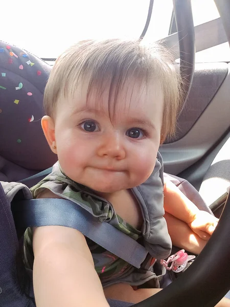 Cute Little Baby She Her Car Seat Watching Sunny Day — Stock Photo, Image