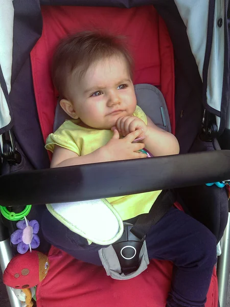 Sevimli Küçük Bebek Izliyor Bebek Arabasında Güneşli Bir Günde Düşünüyor — Stok fotoğraf