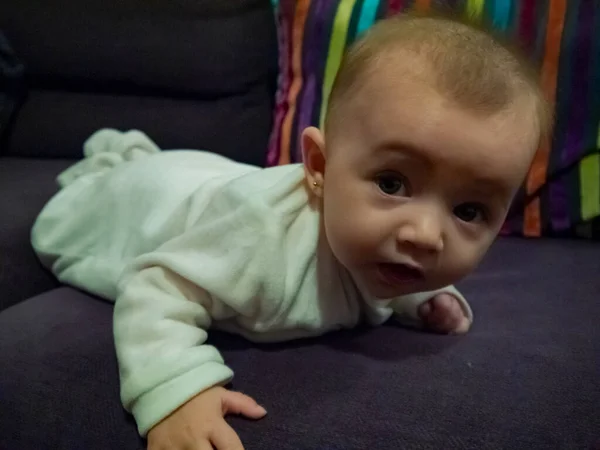 Niedliches Kleines Kaukasisches Baby Sie Krabbelt Auf Einem Sofa — Stockfoto