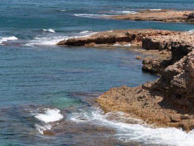 Kaya sahili. Deniz dalgalı ve suyun yanında bazı martılar var..