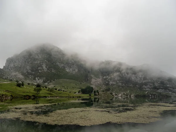 Rocky valley surrounded by the mist. There are trees, a lake and a narrow road nearby.