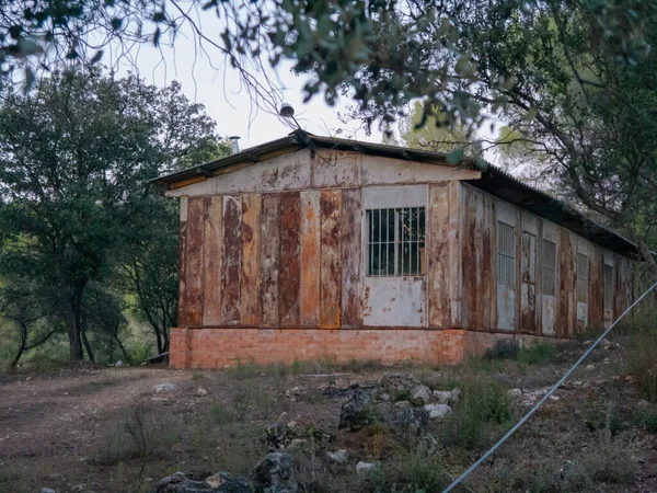 Cabaña Abandonada Grunge Está Campo Entre Algunos Árboles —  Fotos de Stock