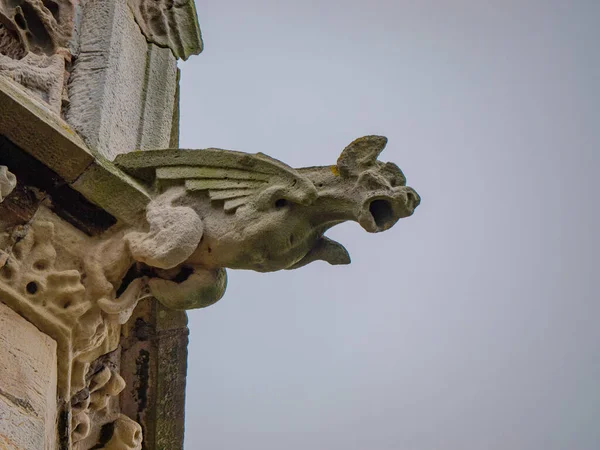 Gargouille Romane Détail Par Une Journée Nuageuse Grise — Photo