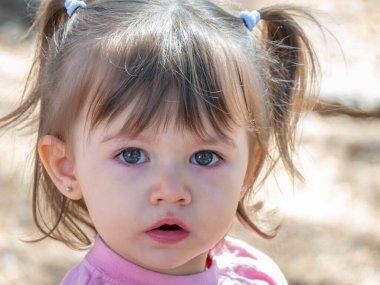 Güneşli bir yaz gününde hayret içinde kameraya bakan iki yaşında bir kız..