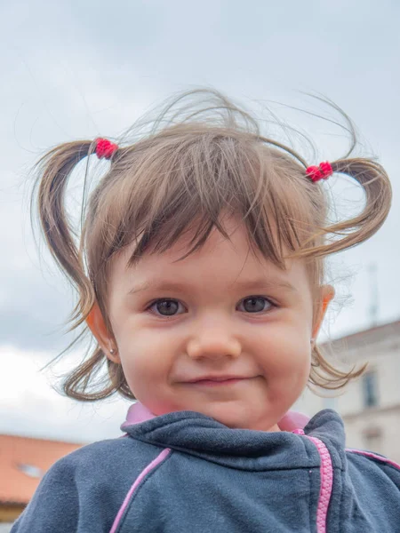 Zweijähriges Mädchen Mit Zöpfen Lächelt Leicht Als Sie Einem Windigen — Stockfoto