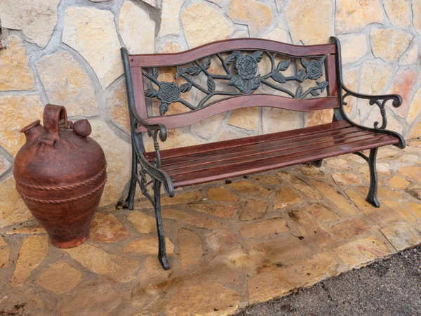 Rustic Iron Wood Bench Stone Backyard Country House Large Handmade — Stock Photo, Image
