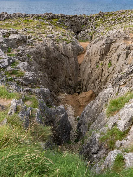 Klippor Fulla Klippor Och Vegetation Vid Havet Los Bufones Llanes — Stockfoto