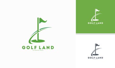 Golf Land logosu konsept vektör dizayn ediyor, Swoosh logolu Golf bayrağı