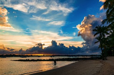 gün batımında deniz plajı güzel görünümü, pembe bulutlar ile gökyüzü
