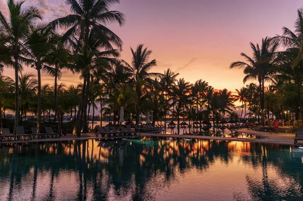 swimming pool at the hotel at sunset with palm trees and reflection in the water