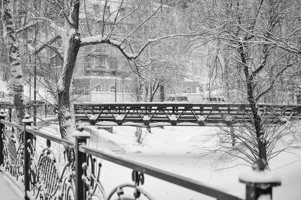 view of the snow-covered bridge across the frozen river.  Railings and trees covered with snow