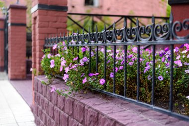 Demirden bir dekoratif bahçenin arkasında binanın önündeki tuğla bir çitin üzerinde rendeliyor.