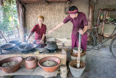 Bali, Endonezya - 13th Ağustos 2018: yaşlı kadın ve genç adam luwak kahve çekirdekleri Ubud kavurma. Luwak kahve çok pahalıdır ve ünlü Bali cofee