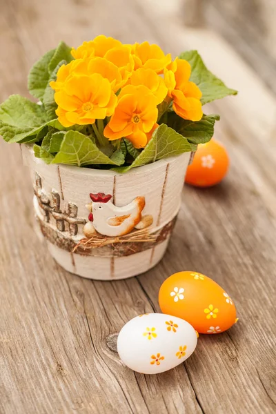 Примула Цветок Пасхальные Яйца Украшения Деревянный Стол — стоковое фото