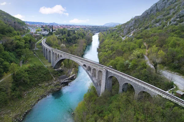 Ponte Solkan Sul Fiume Soca Slovenia Europa — Foto Stock