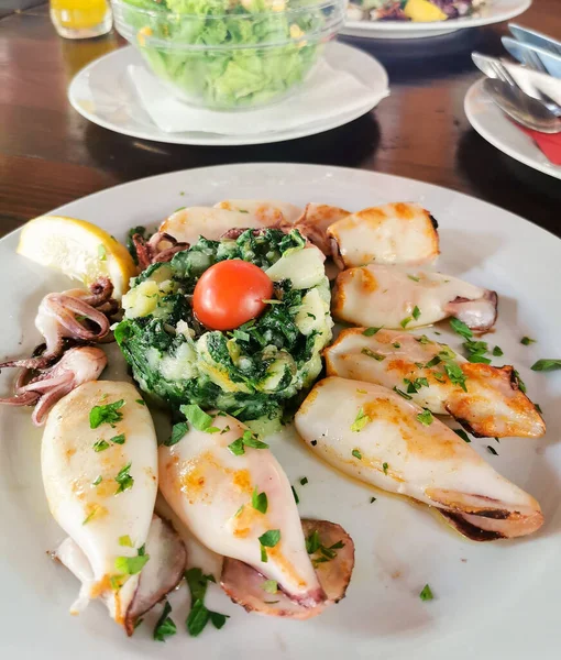 Typical Dalmatian Meal Grilled Squid Vegetables — Stock Photo, Image