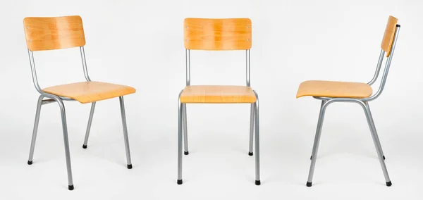 Τρεις Απόψεις Της Τυπικής Σχολικής Καρέκλας Που Απομονώνονται Λευκό — Φωτογραφία Αρχείου