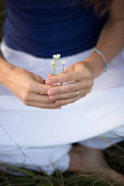 Primo Piano Mani Femminili Delicatamente Tenendo Fiore Fragile Selvatico — Foto Stock