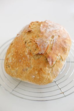 Taze pişmiş sade ekmek, altın kabuklu, tel askıda soğuyor, parlak doğal ışıkla yakalanıyor..