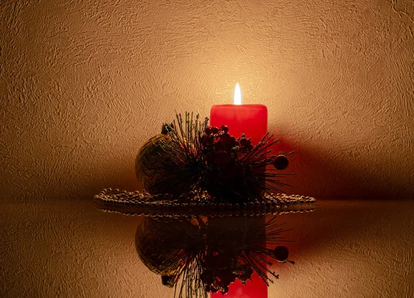 Christmas New Year Composition Christmas Ball Burning Candle Fir Branch — Stock Photo, Image