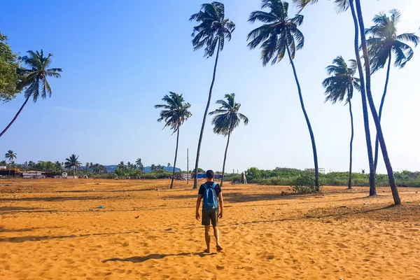 Mladý muž kráčí po písku pod vysokými palmami — Stock fotografie