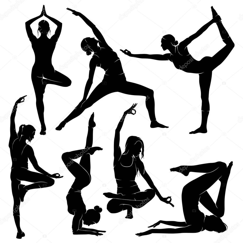 Yoga. Silhouettes of yoga girls. Figures of Female Physical Culture of Yoga.
