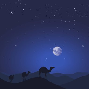 Deve kervan vahşi çöl dağ doğa manzara içinde. Vektör çizim