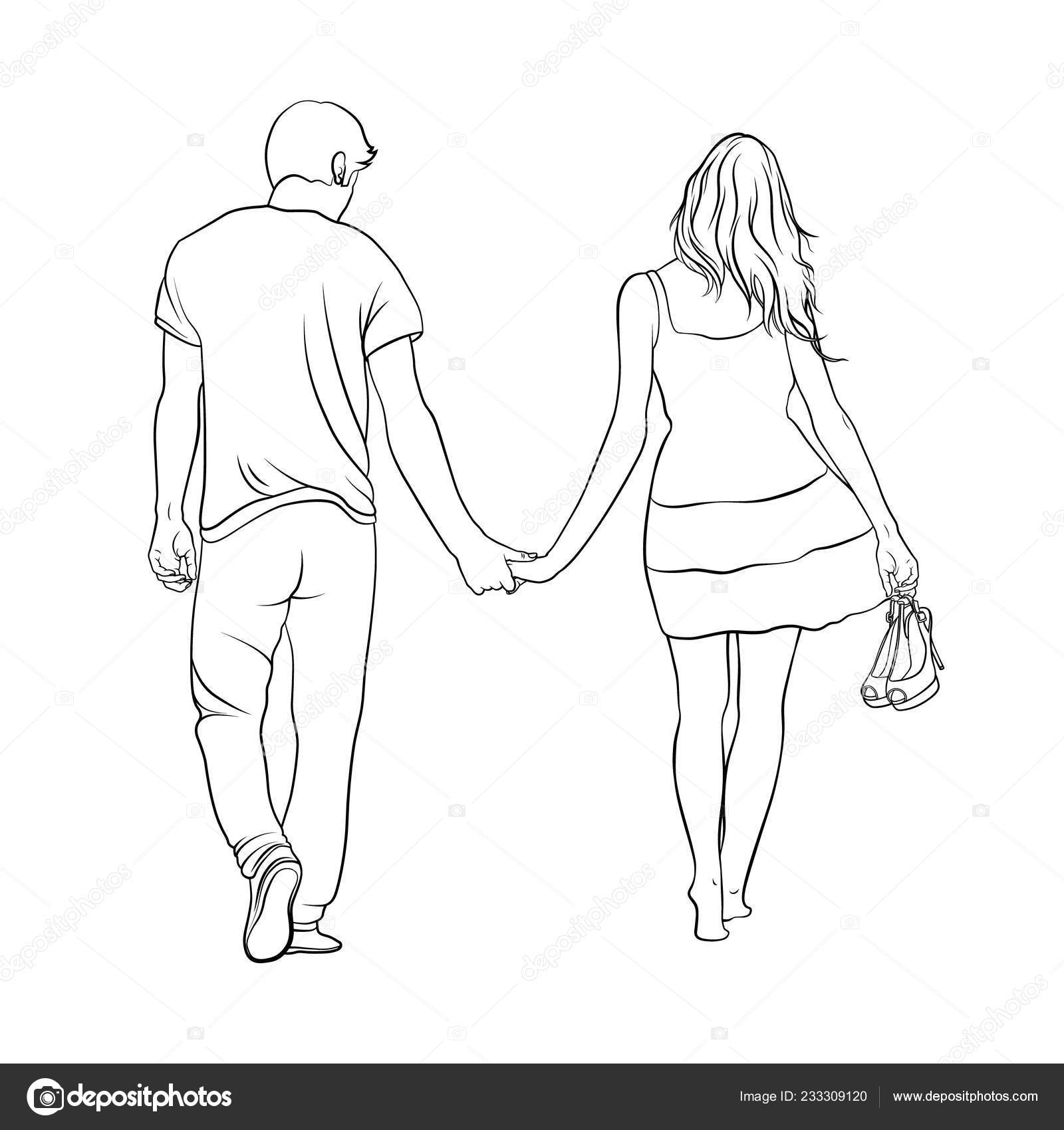 Boy Girl Walking Hand Hand Love Story Line Contour Stock Vector Image By C Artandrew