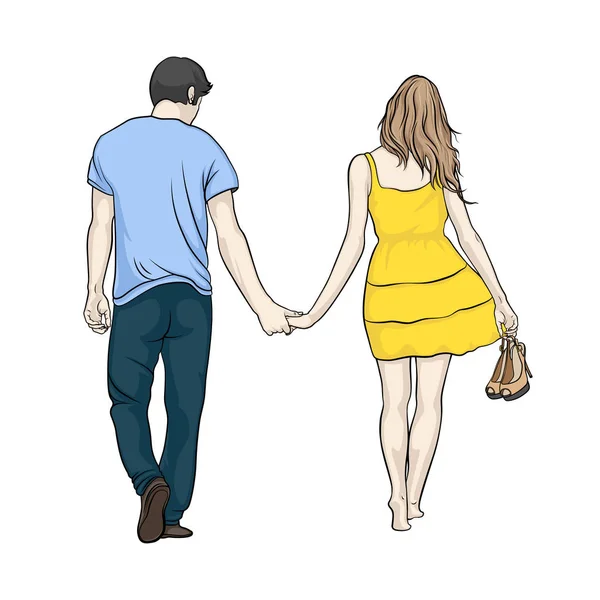 Boy Girl Walking Hand Hand Love Story — Stock Vector