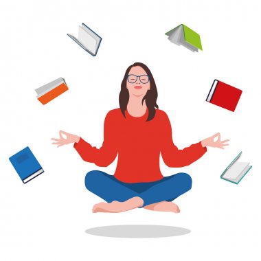 Kız bir Lotus Pose-Zen oturur ve kitap meditasyon. Okuduğum şeyi hatırlıyorum. Vektör Illustration beyaz arka planda