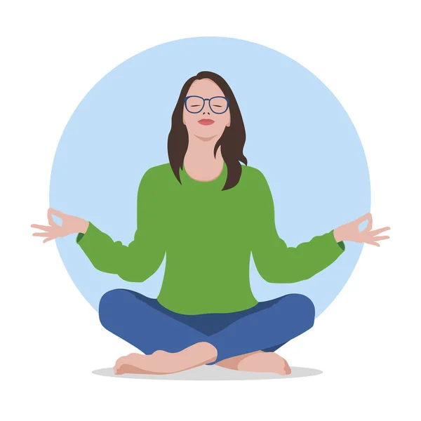 Kız bir Lotus oturur Zen poz ve meditasyon. Uyum içinde bir kız ve sakin bir durum. Yeşil kız. Beyaz arka planda vektör Illustration.