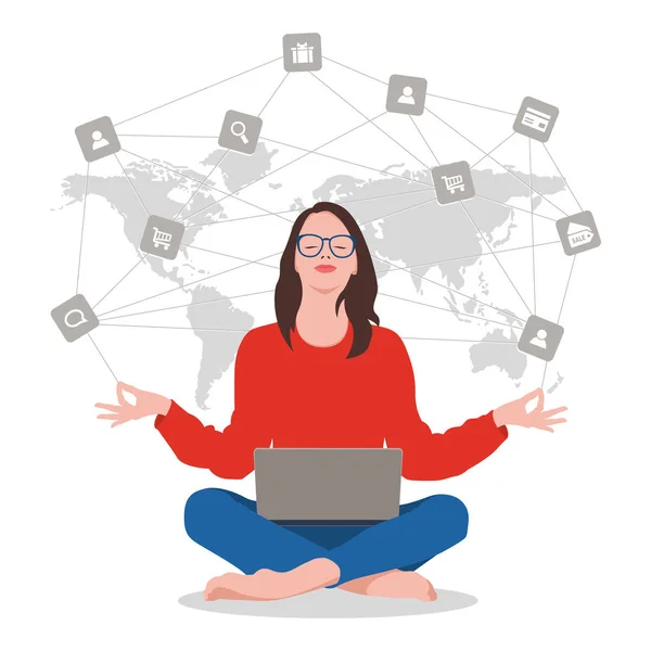 Kız bir Lotus poz Zen oturur ve online alışveriş düşünüyor. Kız ne ve nerede satın almayı düşünüyor. Beyaz arka planda vektör Illustration