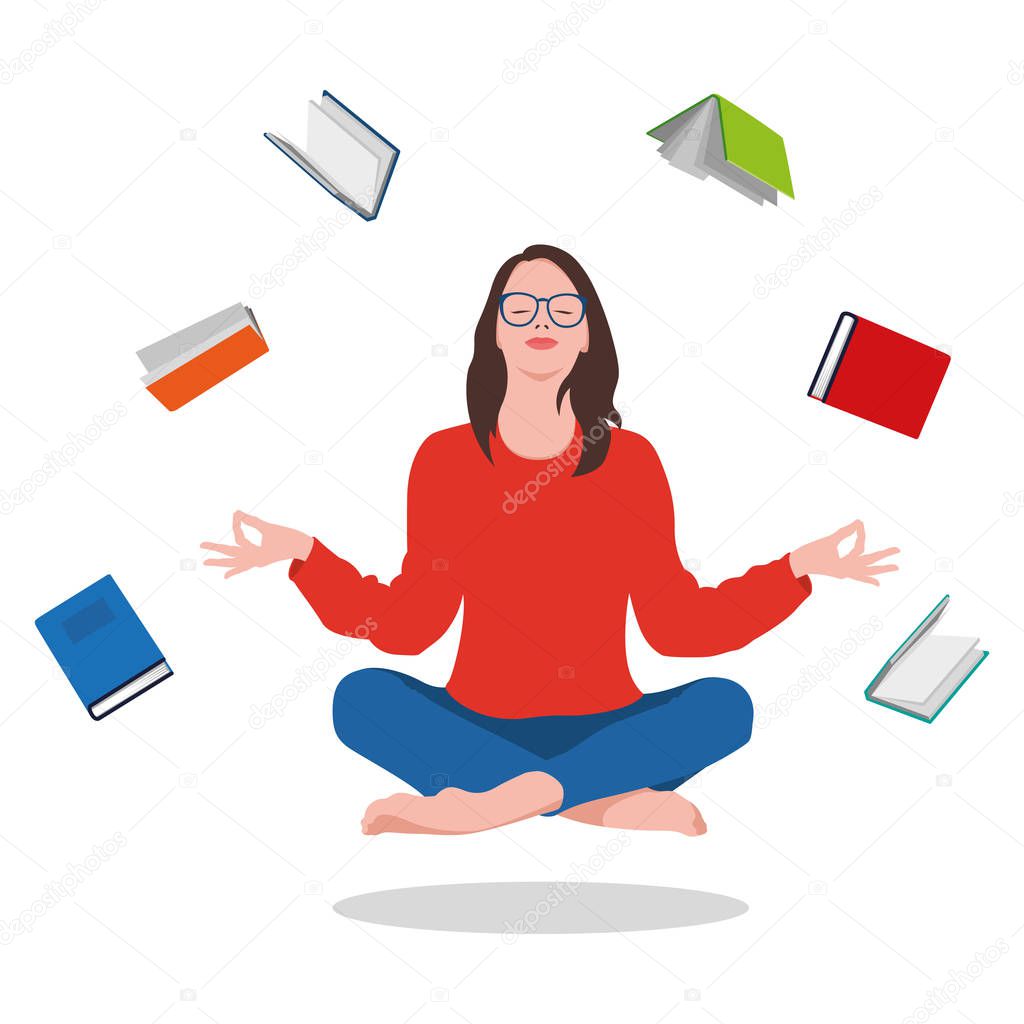 The girl sits in a lotus pose - zen and meditates on books. Remembering what you read. Vector Illustration on white background