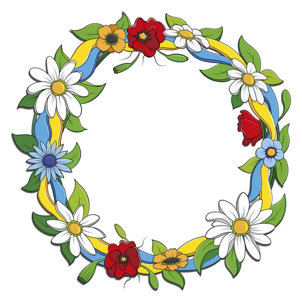 Çiçekli Ukrayna çelengi. Mavi ve sarı kurdeleli çiçekler. Çiçek güzel dekorasyon.